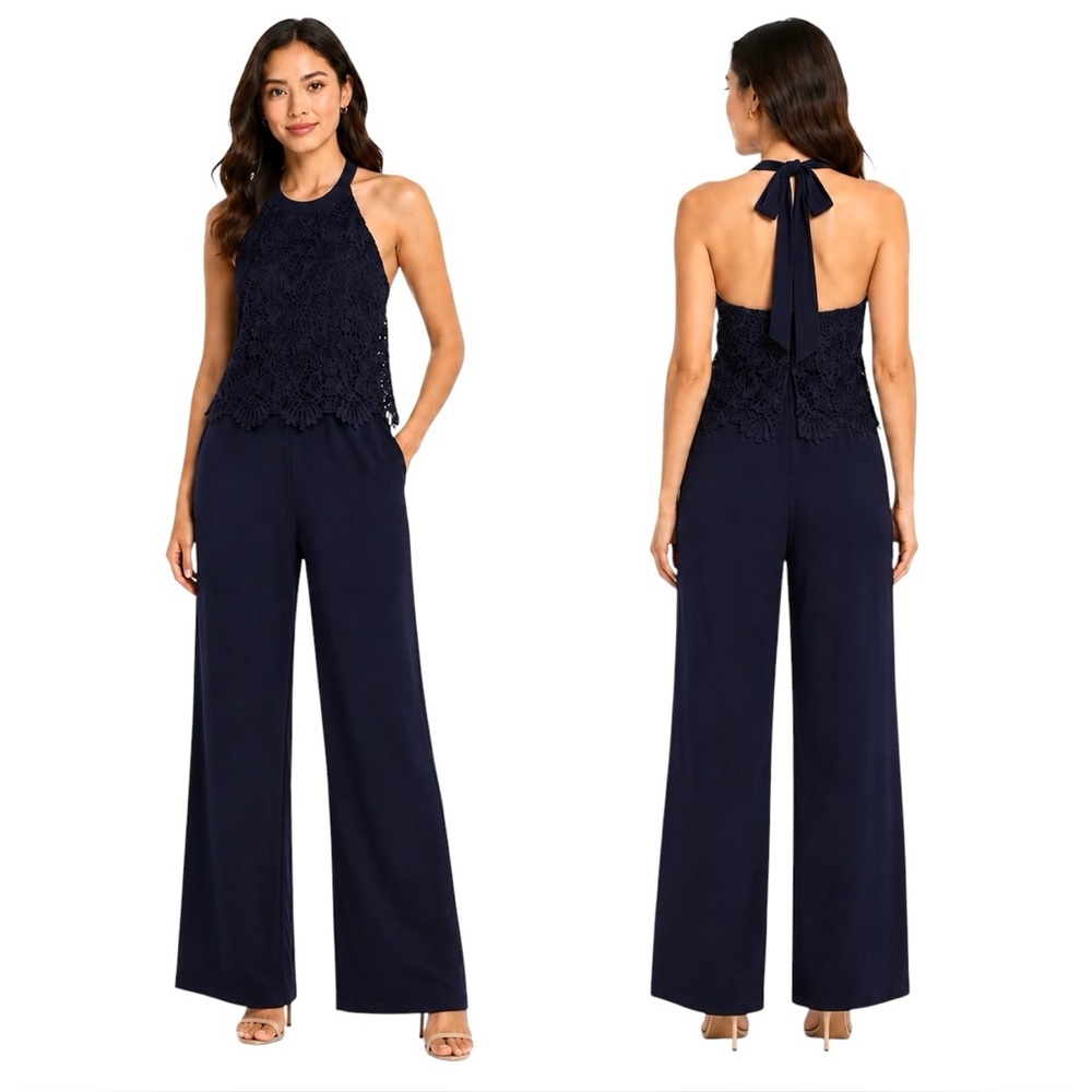 Marina Navy Lace Halter Wide Leg Jumpsuit Size 14 Formal Wedding Guest NWT